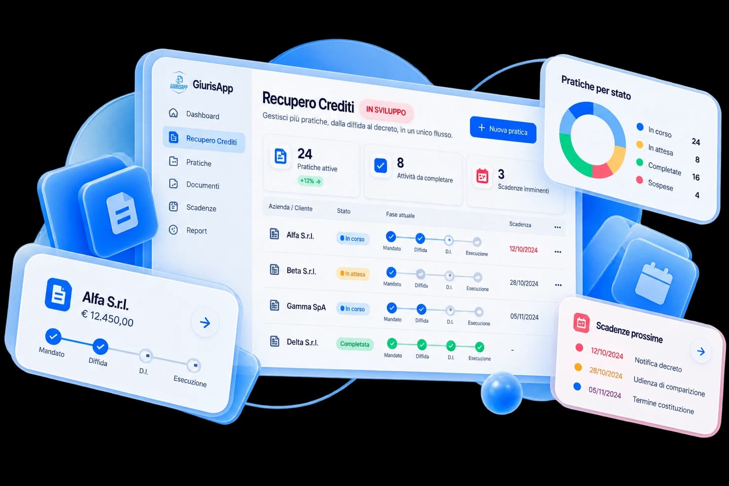 Interfaccia del modulo Recupero Crediti di GiurisApp